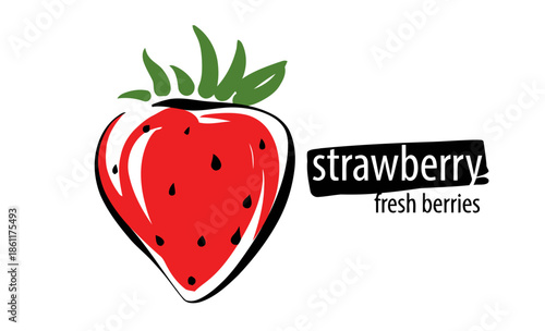 Fresh strawberry fruit illustration with text logo on white background