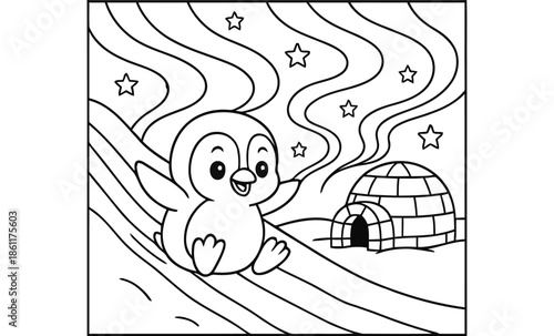 Cute Baby Penguin Cartoon Illustration with Igloo and Stars, Vector Line Art