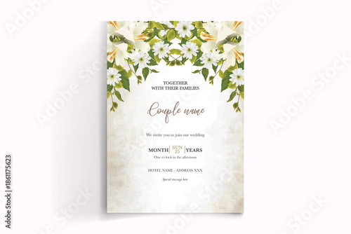 WEDDING INVITATION FRAME WITH FLOWER DECORATIONS AND FRESH LEAVES
