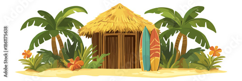 Tropical Beach Hut with Surfboards on Sandy Shore, Summer Vacation Vector Illustration