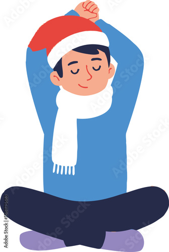 Serene young man in a festive Santa hat and cozy scarf practices mindful meditation, finding inner peace and relaxation during the joyful winter holiday season