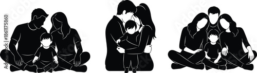 Happy family silhouettes illustration, parents and child together, love, bonding, care, parenting, family unity, protection, affection, relationship, isolated background, white