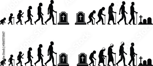 Human life cycle silhouettes from birth to death, aging process, lifespan stages, evolution concept, mortality, time, growth, elderly, grave, illustration