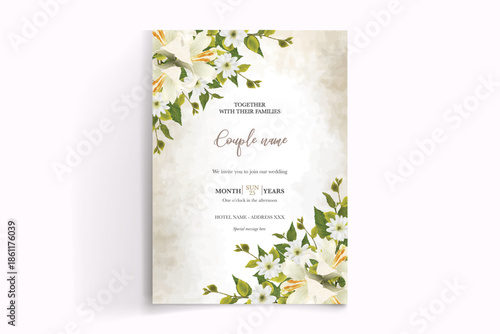 WEDDING INVITATION FRAME WITH FLOWER DECORATIONS AND FRESH LEAVES