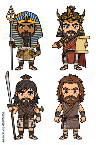 Ancient Warriors  Pharaoh Egyptian King Barbarian Samurai Cartoon Icons.
