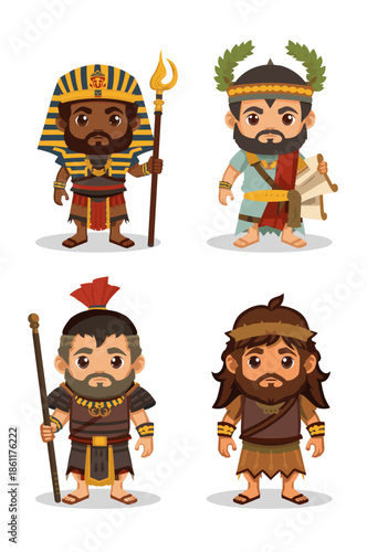 Cute Cartoon Ancient Civilizations Figures Pharaoh Roman Emperor Warrior Caveman.