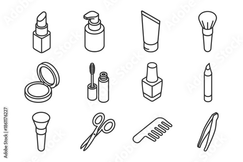 Outline icons of cosmetics and beauty tools including lipstick, cream, makeup brush, and more.
