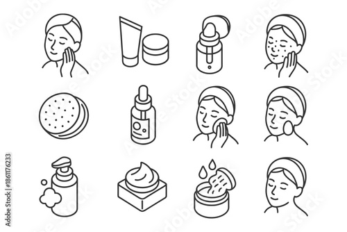 Skincare routine icons featuring cosmetics and facial treatments.