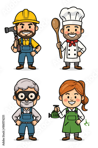 Diverse Professions Characters Builder Chef Mechanic Gardener Icon Set.