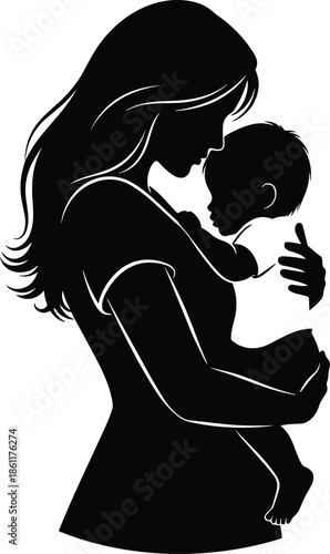 Mother holding baby silhouette, maternal love, motherhood bonding, parenting care, family affection, infant protection, tenderness, nurturing, parenthood, connection, childcare, trust