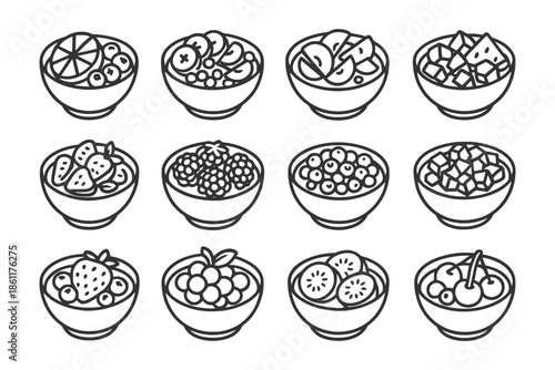 Variety of fruit bowls in black and white line art illustrations.