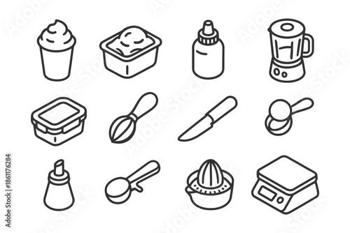 Hand-drawn kitchen utensils: juicer, knife, blender, scale, container.