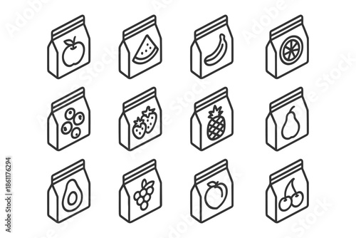 Outline icons of various fruits on snack bags.