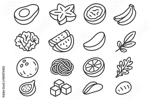 Collection of outline food icons featuring fruits and vegetables.