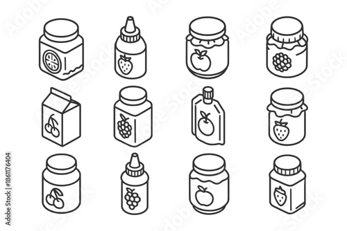 Line art icons of fruit jars and bottles in various shapes and sizes.