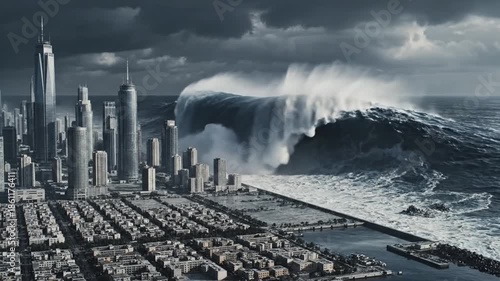 Massive Tsunami Wave Approaching a Coastal City Under Dark Storm Clouds