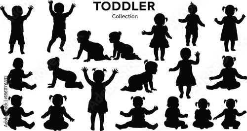Toddler silhouettes collection, children playing crawling sitting standing, baby development stages, childhood growth, kids activities, isolated white background, vector set