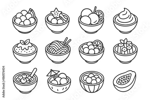 Line art icon set of various bowl foods and fruits.