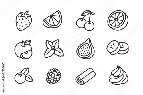 Outline icons of various fruits and foods including strawberry and cherries.