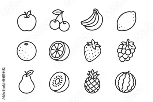 Simple black and white line art of various fruits.