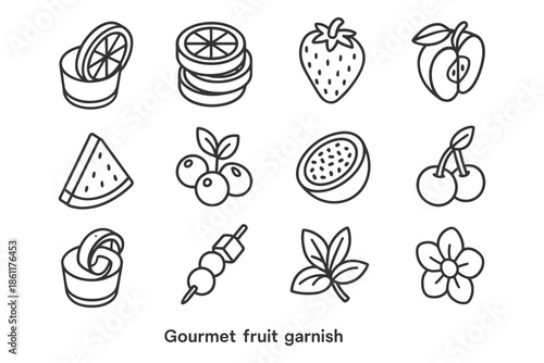 Gourmet fruit garnish icons featuring assorted fruits and decorative elements.