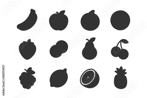 Set of black fruit silhouettes: banana, apple, cherry, and more.