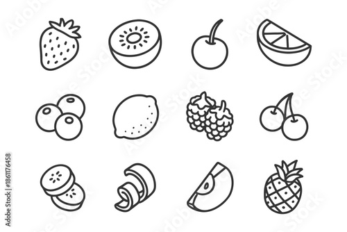 Outline icons of tropical and seasonal fruits in simple black and white line style.