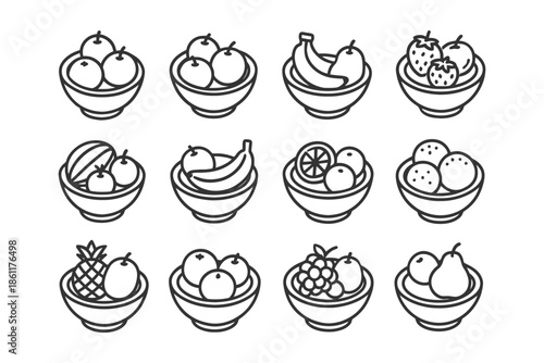 Black and white line art: assorted fruit bowls featuring bananas, apples, oranges, and strawberries.