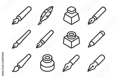 Ink pens and bottles with quill and pencil icons in black and white line art.