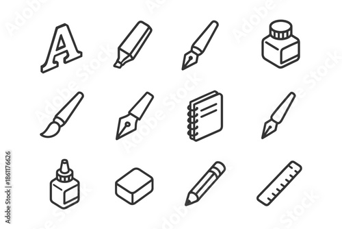 Line art icons of writing and drawing tools including ink, pen, and brush.