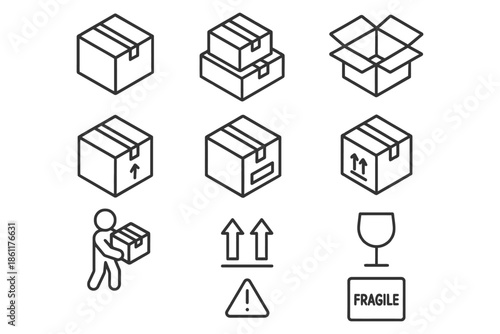 Shipping box icons set: handling, safety, fragile warnings.