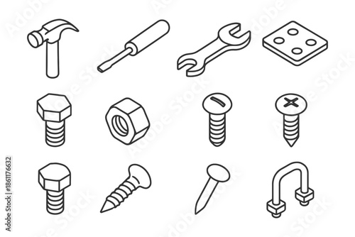 Illustration of hand tools and fasteners: hammer, screwdriver, wrench, nuts, bolts, screws, nails.