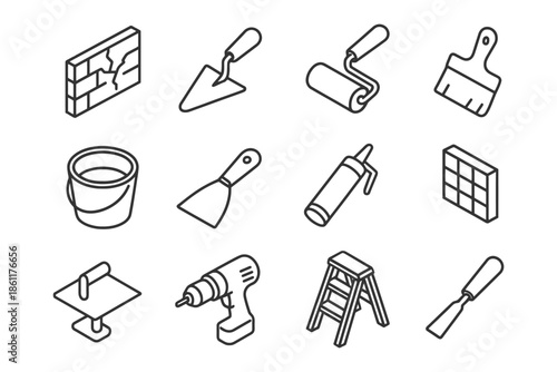 Set of construction and repair tools in line art style.
