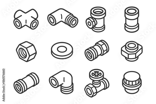 Various pipe fittings out of pvc and metal in outline style on white background.