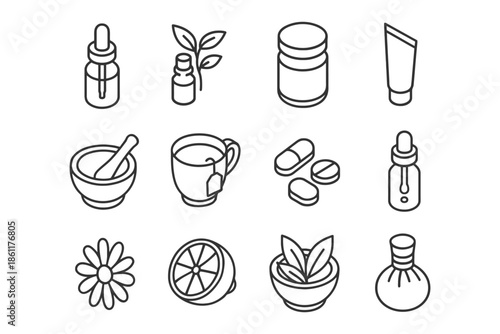 Line art icons: natural remedies and skincare essentials.