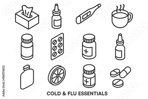 Cold and flu essentials: medicine, thermometer, hot drink, tissues, vitamins.