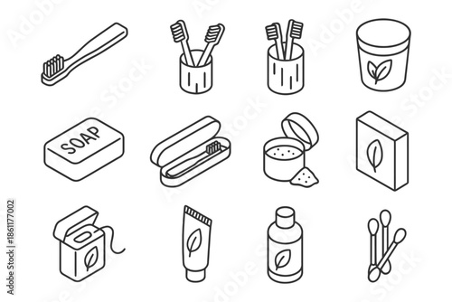 Eco-friendly hygiene essentials: toothbrushes, soap, and skincare icons.