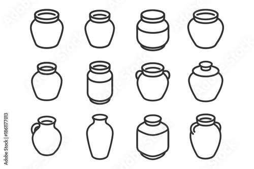 Vector icons of various vase designs in outline style.