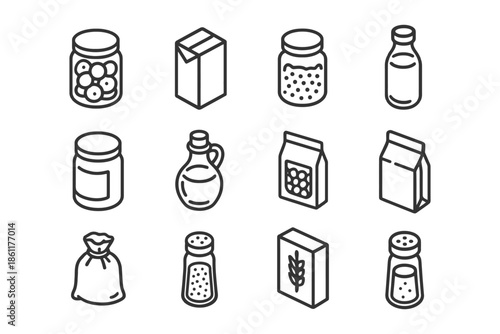 Set of outline icon illustrations of various food containers and packages.