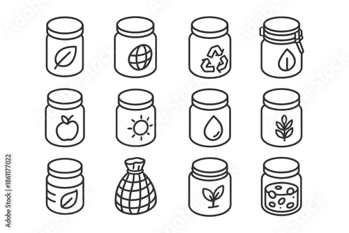 Eco-friendly jar icons featuring recycle, planet, sun, and plant symbols in line art.