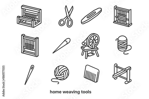 Line art icons of home weaving tools: loom, spindle, yarn, scissors, needle.