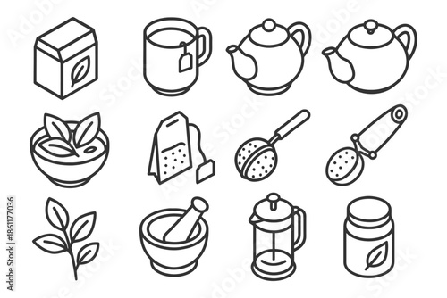 Tea essentials icons: tea bags, teapot, leaves, french press, infuser, herbal elements.