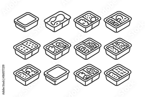 Icon set of various meal containers in line art style.
