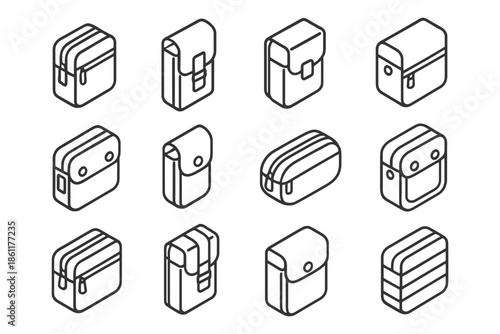 Collection of isometric outline backpack and bag icons in various designs.