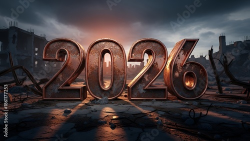 A dramatic 3D rendering of 2026 in a desolate urban landscape at dusk with metallic numerals reflecting on wet pavement