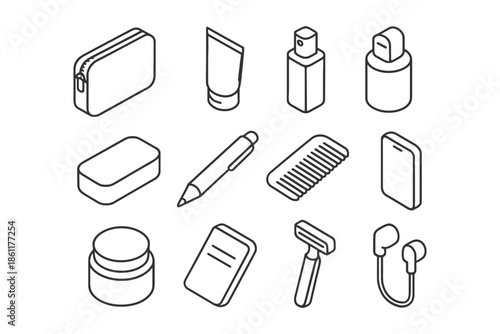 Isometric line art of toiletries and personal care items.