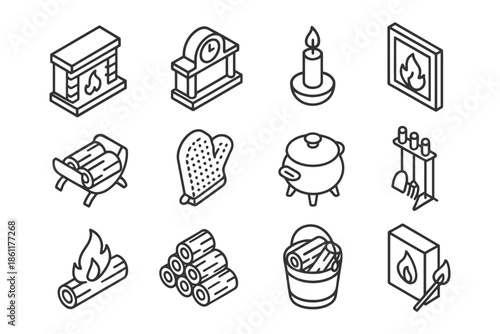 Collection of cozy fireplace and hearth icons in black and white.