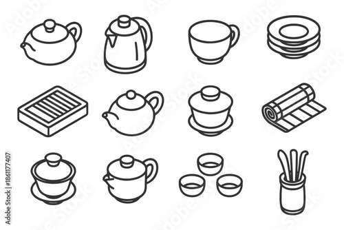 Collection of tea utensils and accessories in simple line art style.