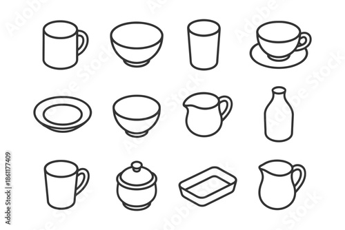 Minimalist outline icons of cups, bowls, plates, and pitchers in simple black lines.
