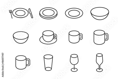 Outline icons set: tableware, glassware, and dishware collection.